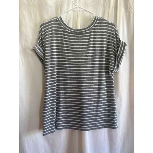 A.N.A Striped Tee Womens Large Gray White Short Sleeve Casual Top Rolled Cuffs - Picture 5 of 5